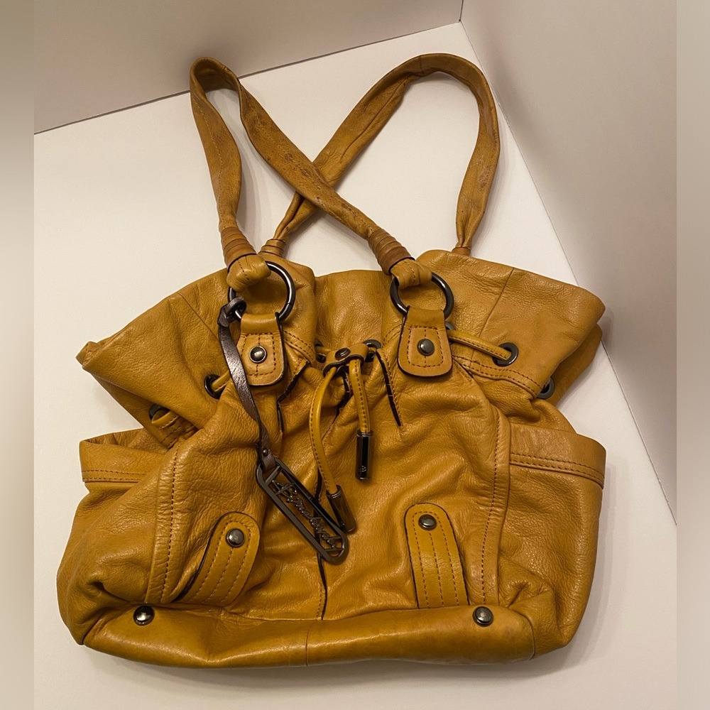 B.Makowsky Large Mustard Color Leather Double Handled Drawstring Purse, Handbag